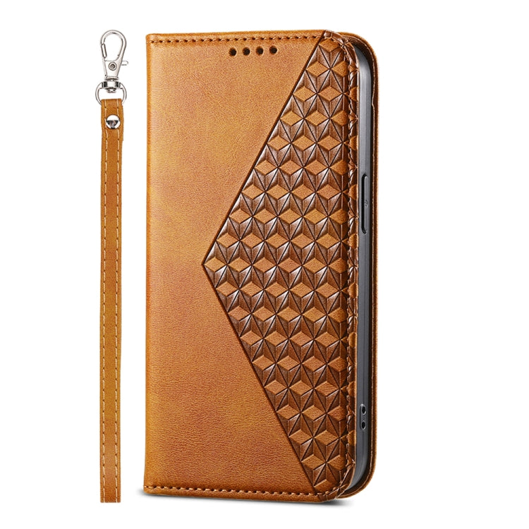 For iPhone 15 Pro Cubic Grid Calf Texture Magnetic Leather Phone Case(Yellow) - HoMEdemic™ 