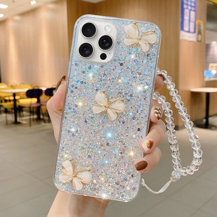 For iPhone 15 Pro Max Starry Sequin Jade Butterfly Epoxy TPU Phone Case with Strap(Silver) - HoMEdemic™ 