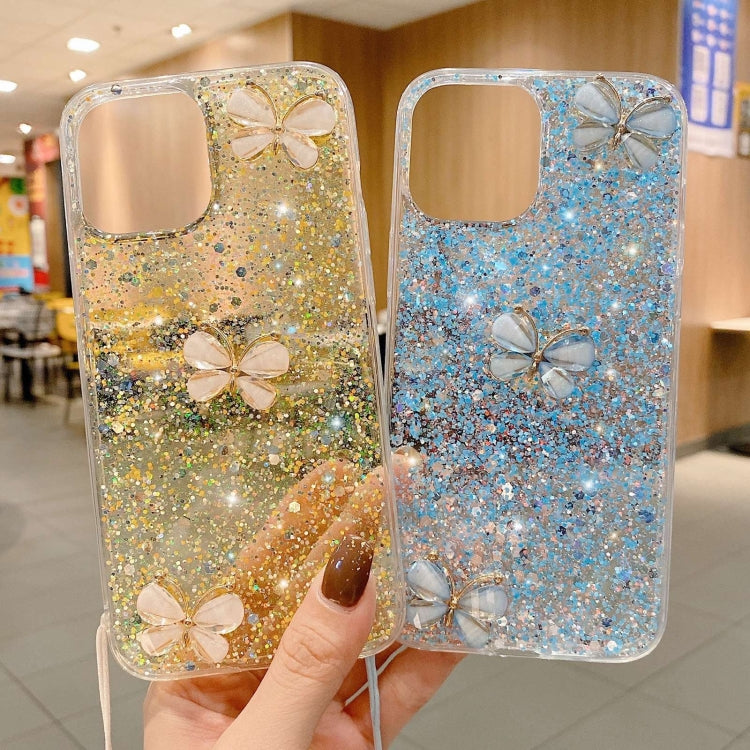 For iPhone 15 Pro Starry Sequin Jade Butterfly Epoxy TPU Phone Case with Strap(Pink) - HoMEdemic™ 