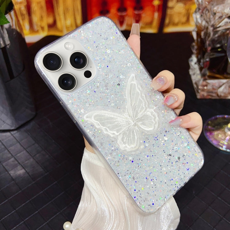 For iPhone 15 Pro Max Starry Sequin Embroidered Butterfly Epoxy TPU Phone Case(Silver) - HoMEdemic™ 
