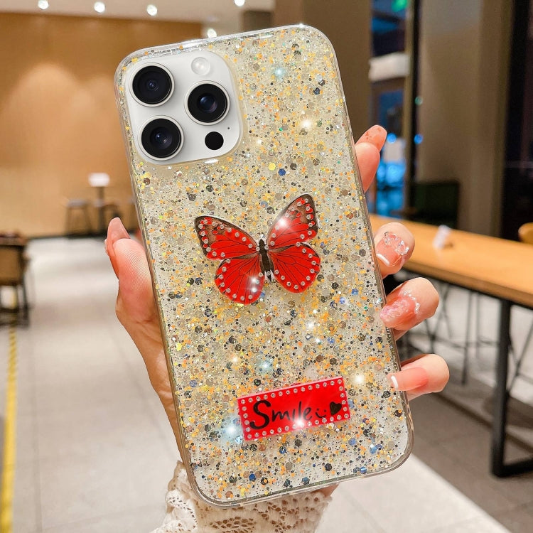 For iPhone 15 Pro Max Starry Sequin Rhinestones Butterfly Epoxy TPU Phone Case(Yellow) - HoMEdemic™ 