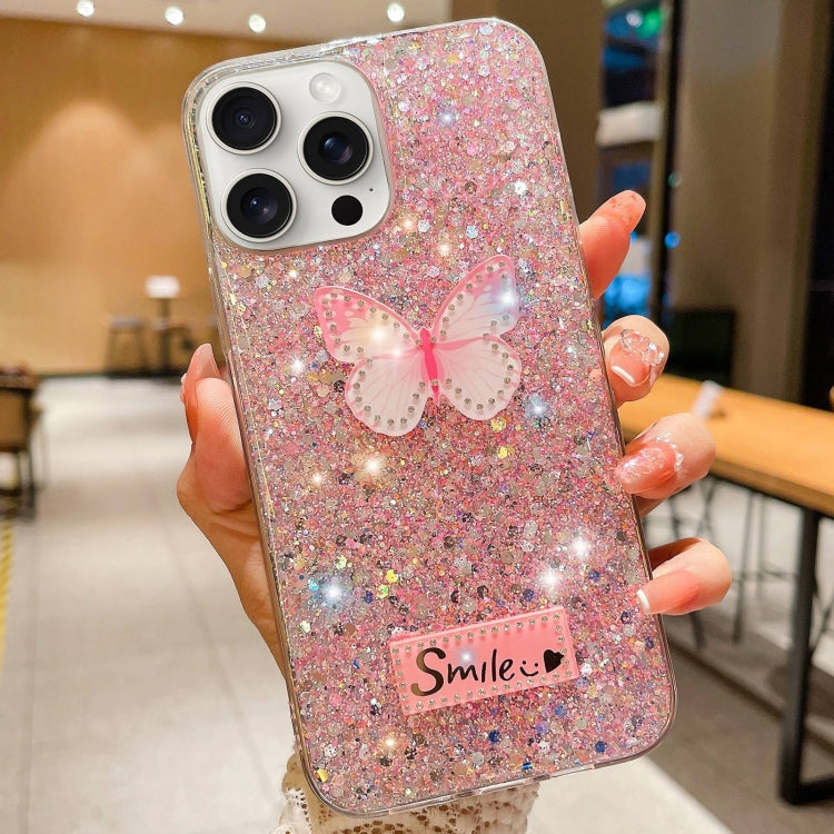 For iPhone 15 Pro Max Starry Sequin Rhinestones Butterfly Epoxy TPU Phone Case(Pink) - HoMEdemic™ 