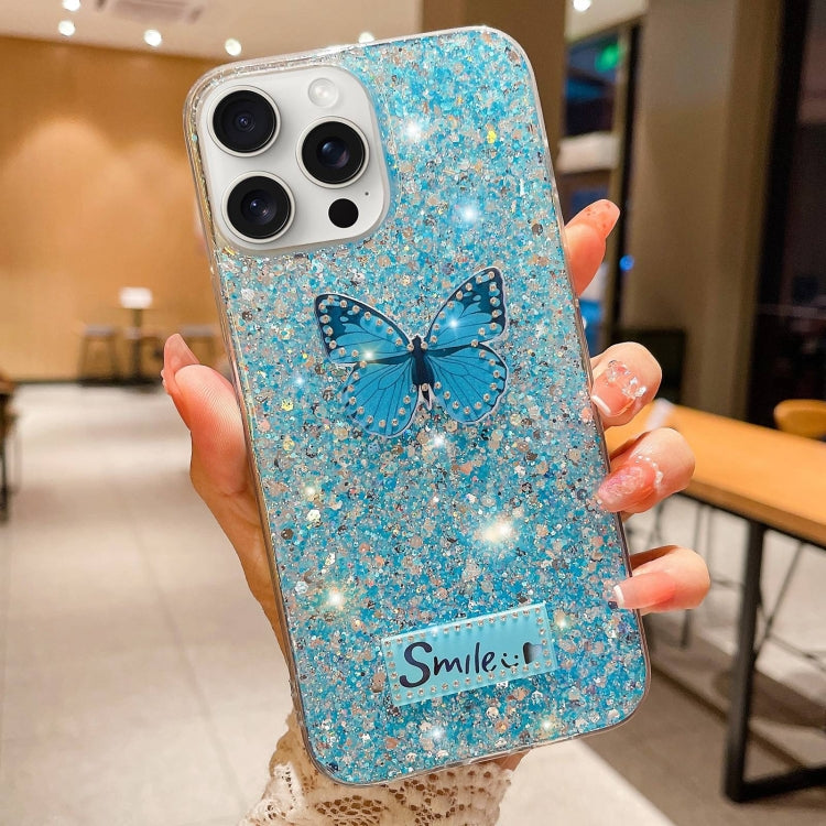 For iPhone 15 Pro Starry Sequin Rhinestones Butterfly Epoxy TPU Phone Case(Blue) - HoMEdemic™ 
