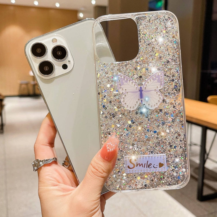 For iPhone 15 Pro Max Starry Sequin Rhinestones Butterfly Epoxy TPU Phone Case(Yellow) - HoMEdemic™ 