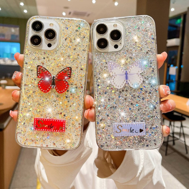 For iPhone 15 Pro Max Starry Sequin Rhinestones Butterfly Epoxy TPU Phone Case(Pink) - HoMEdemic™ 