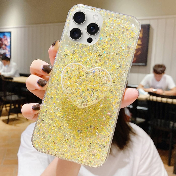 For iPhone 15 Pro Max Starry Sequin Heart Stand Epoxy TPU Phone Case(Yellow) - HoMEdemic™ 