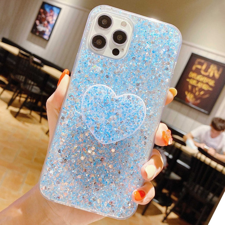 For iPhone 15 Pro Max Starry Sequin Heart Stand Epoxy TPU Phone Case(Blue) - HoMEdemic™ 