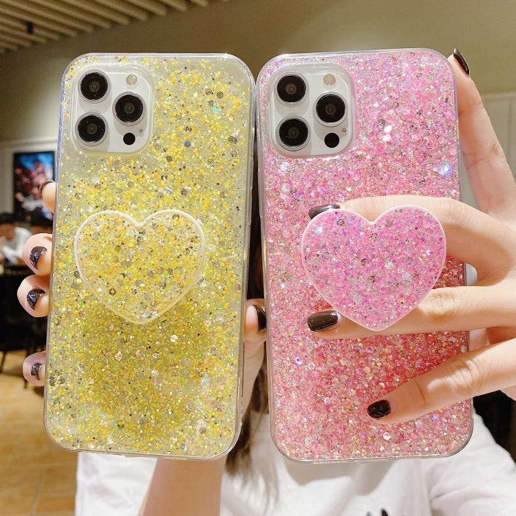 For iPhone 15 Pro Starry Sequin Heart Stand Epoxy TPU Phone Case(Yellow) - HoMEdemic™ 