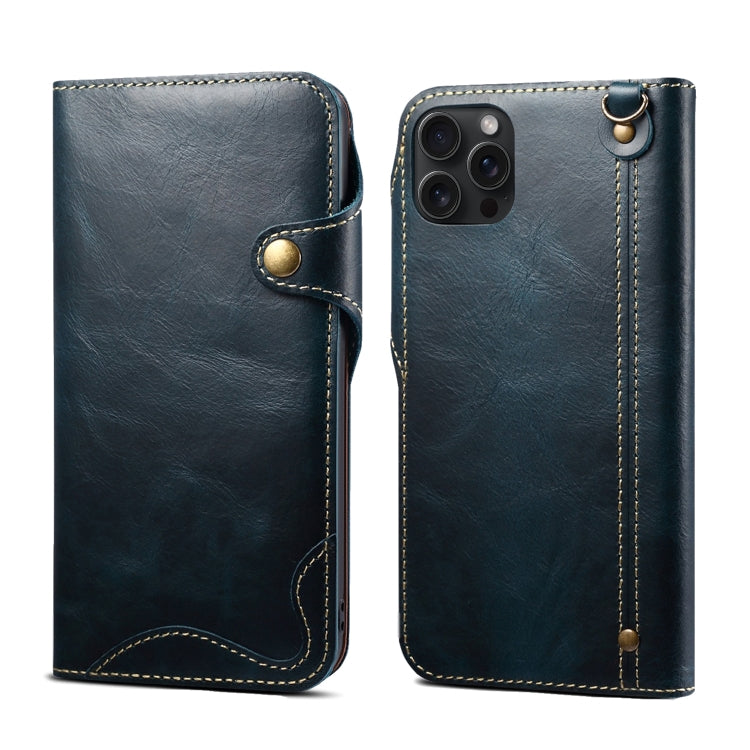 For iPhone 15 Pro Denior Oil Wax Cowhide Magnetic Button Genuine Leather Case(Dark Blue) - HoMEdemic™ 