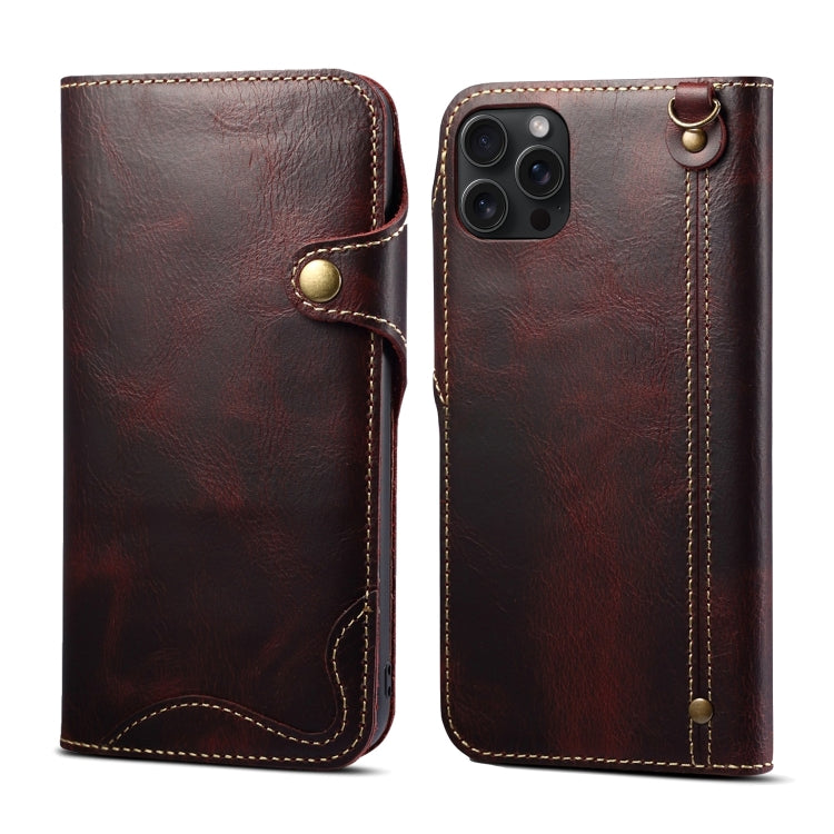 For iPhone 15 Pro Denior Oil Wax Cowhide Magnetic Button Genuine Leather Case(Dark Red) - HoMEdemic™ 