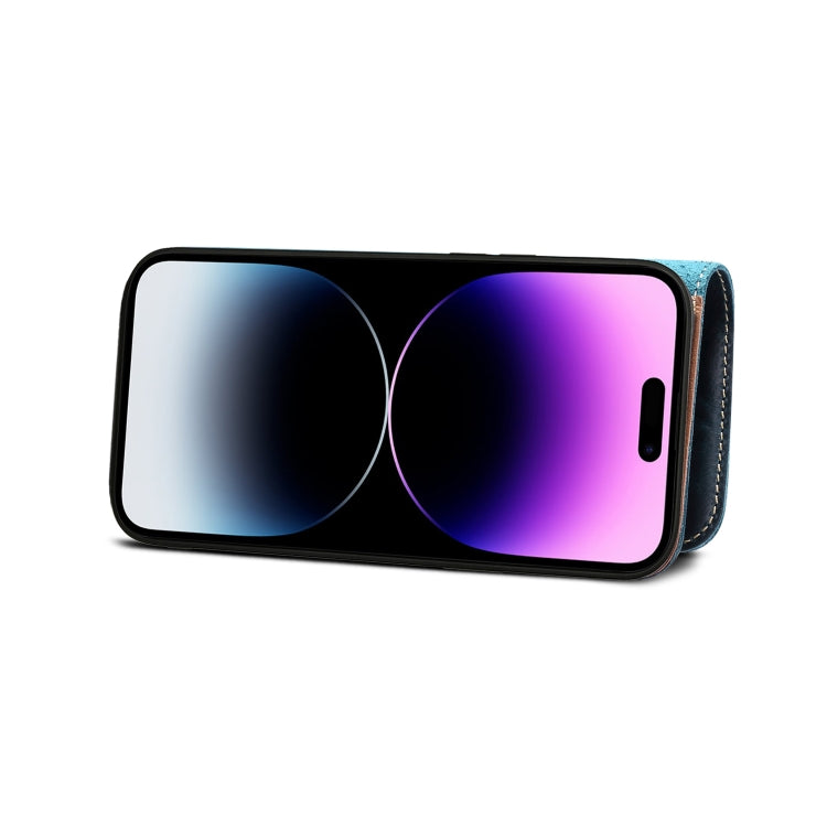 For iPhone 15 Plus Denior Oil Wax Cowhide Magnetic Button Genuine Leather Case(Dark Blue) - HoMEdemic™ 