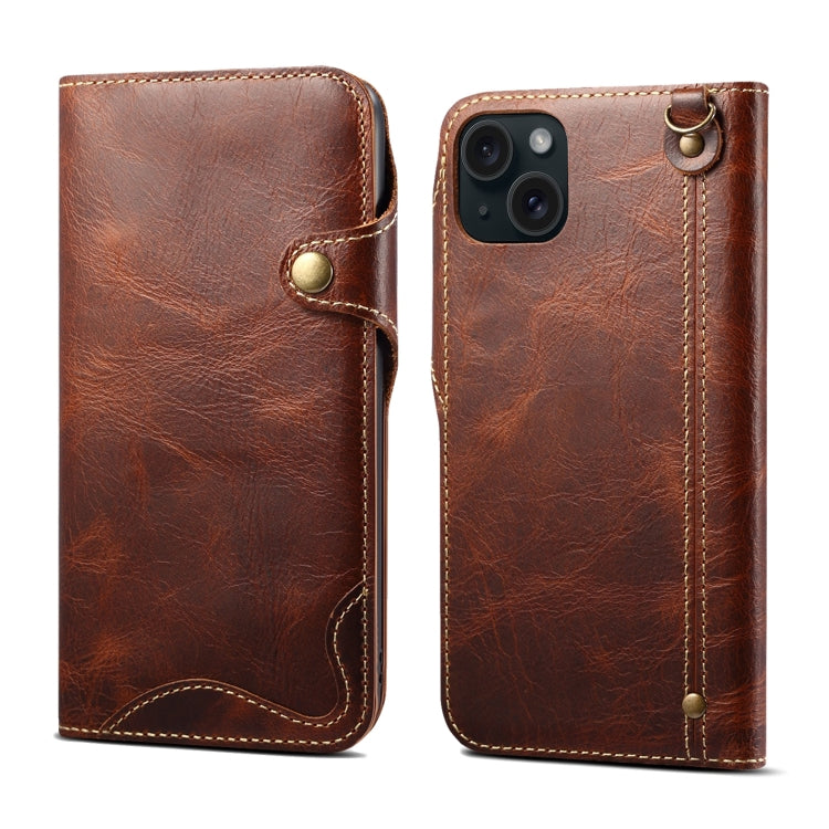 For iPhone 15 Plus Denior Oil Wax Cowhide Magnetic Button Genuine Leather Case(Brown) - HoMEdemic™ 