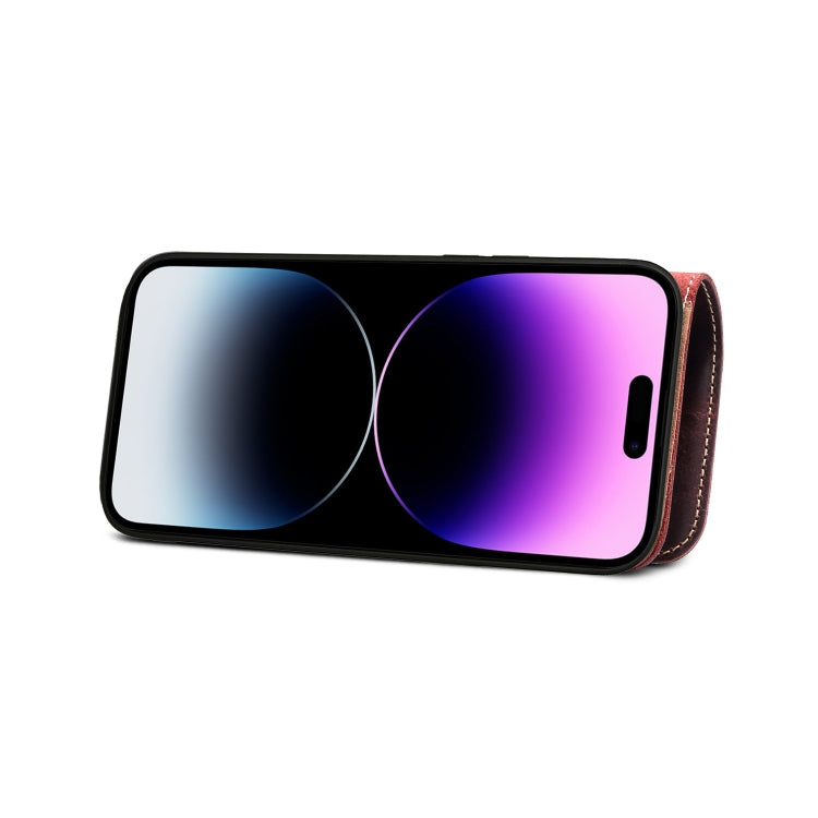 For iPhone 15 Plus Denior Oil Wax Cowhide Magnetic Button Genuine Leather Case(Dark Red) - HoMEdemic™ 