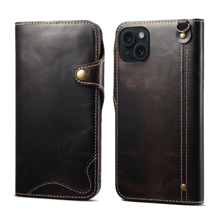 For iPhone 15 Denior Oil Wax Cowhide Magnetic Button Genuine Leather Case(Black) - HoMEdemic™ 