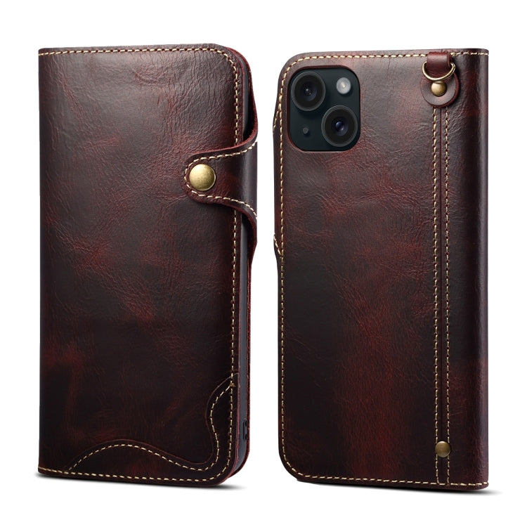 For iPhone 15 Denior Oil Wax Cowhide Magnetic Button Genuine Leather Case(Dark Red) - HoMEdemic™ 