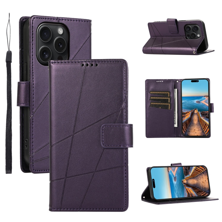 For iPhone 15 Pro Max PU Genuine Leather Texture Embossed Line Phone Case(Purple) - HoMEdemic™ 