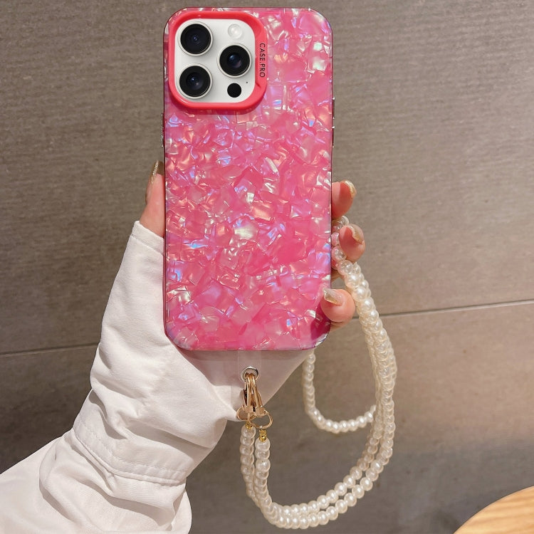 For iPhone 15 Pro Shell Texture Crossbody Pearl Chain TPU Hybrid Acrylic Phone Case(Rose Red) - HoMEdemic™ 