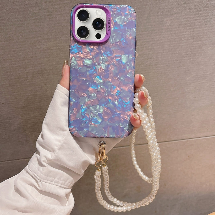 For iPhone 15 Pro Shell Texture Crossbody Pearl Chain TPU Hybrid Acrylic Phone Case(Purple) - HoMEdemic™ 