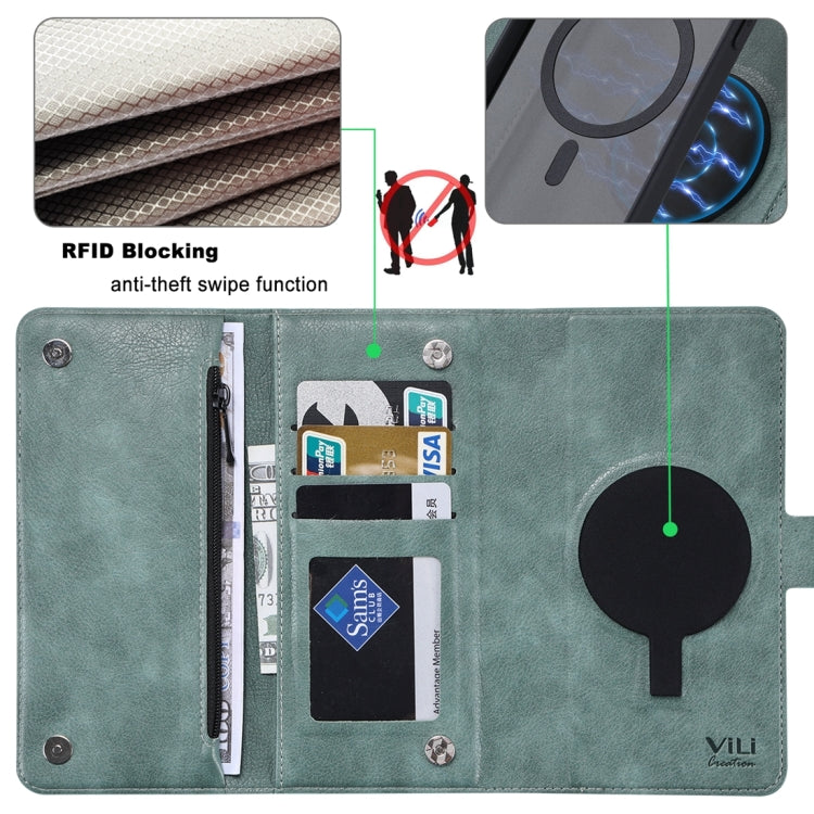 For iPhone 15 ViLi GV Series MagSafe Magnetic Zipper Leather Phone Case(Green) - HoMEdemic™ 