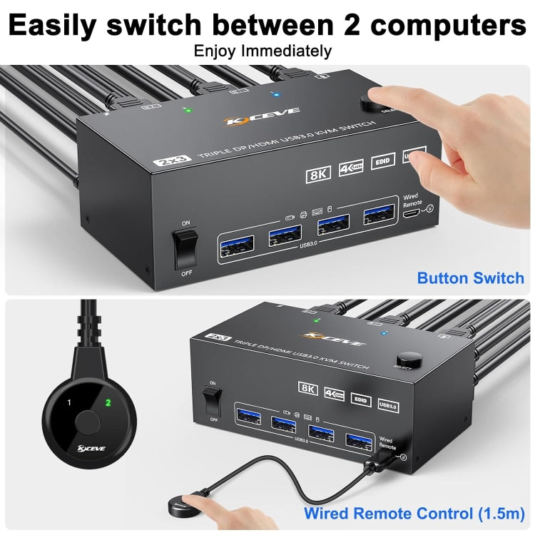 KC-KVM203DH 8K 30Hz USB3.0 DP+DP+HDMI Triple Monitors KVM Switch, AU Plug - HoMEdemic™ 