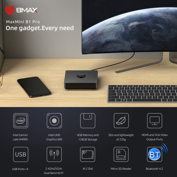 BMAX B1 Pro Windows 10 Mini PC, 8GB+128GB, Intel Celeron N4000, Support HDMI / VGA / RJ45(EU Plug) - HoMEdemic™ 