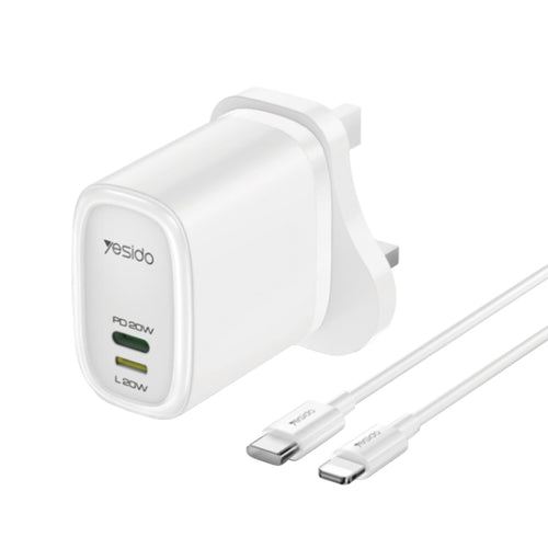 Yesido YC43 PD 20W USB-C / Type-C + 8 Pin Travel Charger with 1m Type-C to 8 Pin Cable, UK Plug(White) - HoMEdemic™ 