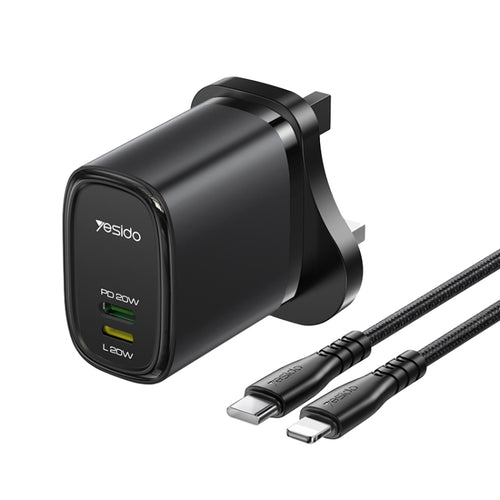 Yesido YC43 PD 20W USB-C / Type-C + 8 Pin Travel Charger with 1m Type-C to 8 Pin Cable, UK Plug(Black) - HoMEdemic™ 