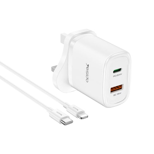 Yesido YC46 PD20W USB-C / Type-C + USB Travel Charger with 1m Type-C to 8 Pin Cable, UK Plug(White) - HoMEdemic™ 