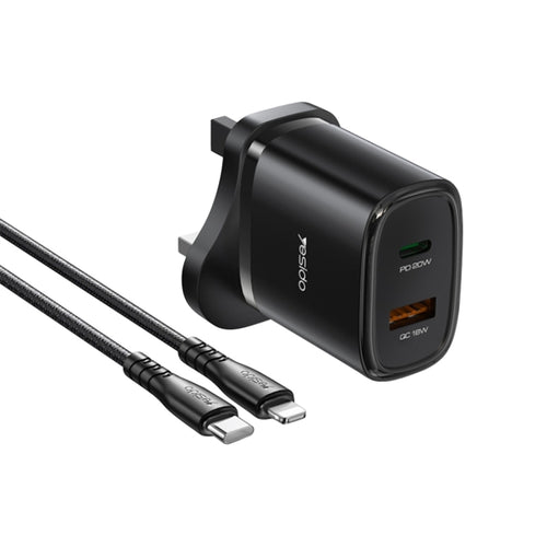 Yesido YC46 PD20W USB-C / Type-C + USB Travel Charger with 1m Type-C to 8 Pin Cable, UK Plug(Black) - HoMEdemic™ 