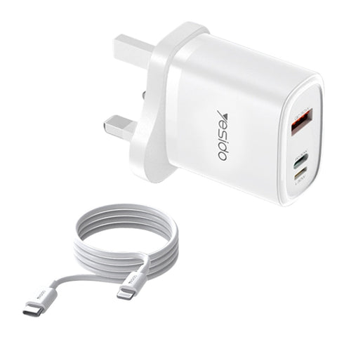 Yesido YC51 30W USB-C / Type-C + USB + 8 Pin Travel Charger with 1m Type-C to 8 Pin Cable, UK Plug(White) - HoMEdemic™ 