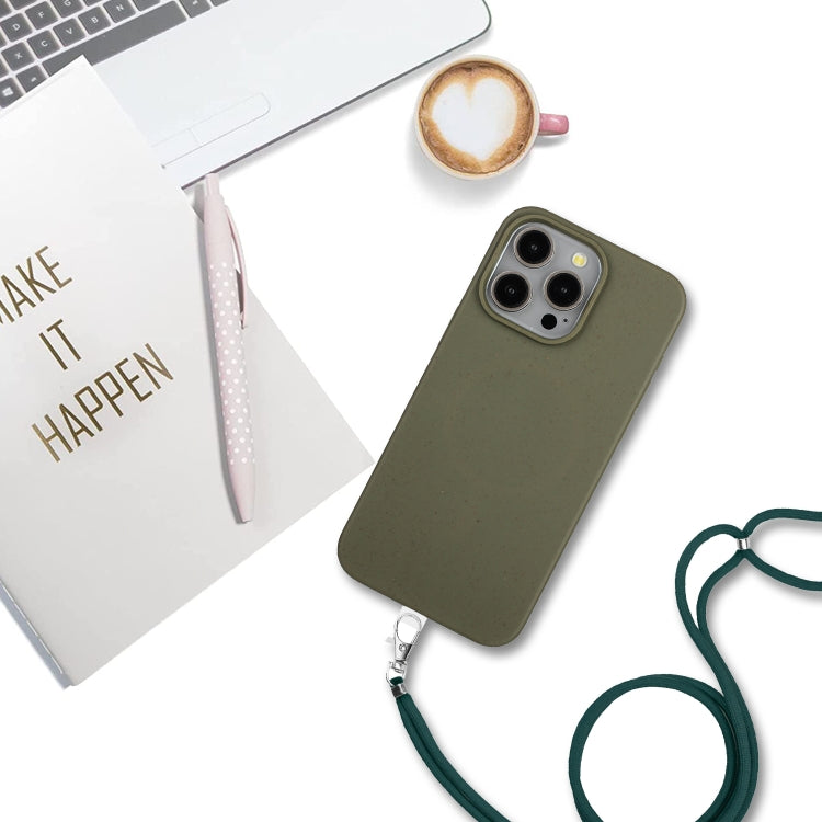 For iPhone 15 Pro Max Wheat MagSafe Magnetic Straw Material + TPU Phone Case with Lanyard(Army Green) - HoMEdemic™ 