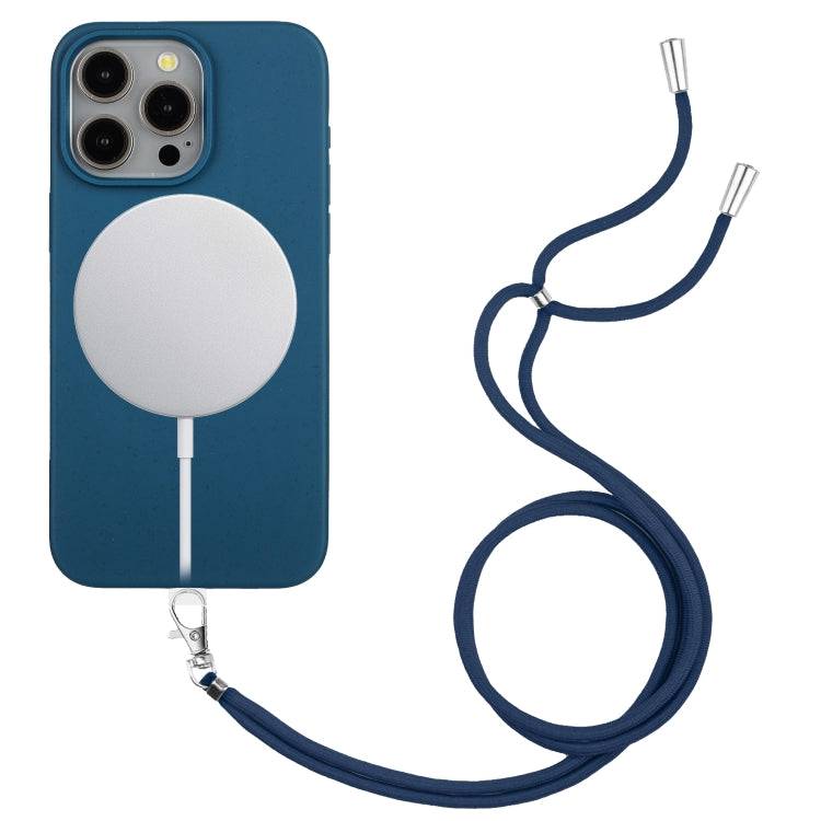 For iPhone 15 Pro Wheat MagSafe Magnetic Straw Material + TPU Phone Case with Lanyard(Blue) - HoMEdemic™ 