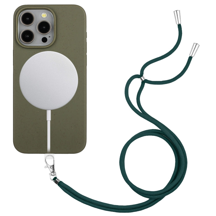 For iPhone 15 Pro Wheat MagSafe Magnetic Straw Material + TPU Phone Case with Lanyard(Army Green) - HoMEdemic™ 