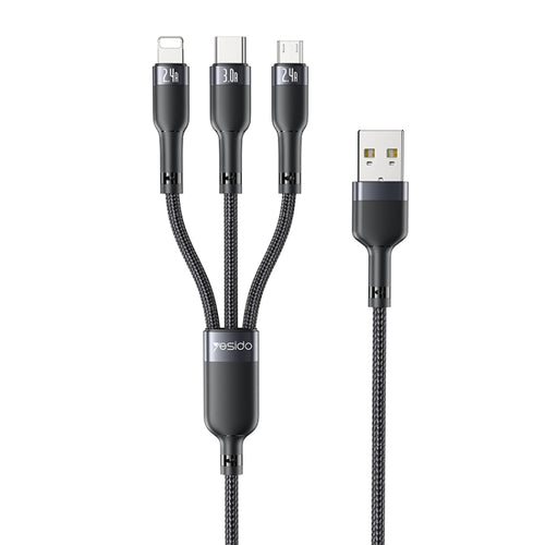 Yesido CA91 3A 3 in 1 USB to 8 Pin+USB-C/Type-C+Micro USB Aluminum Alloy Data Cable, Length: 1m(Black) - HoMEdemic™ 