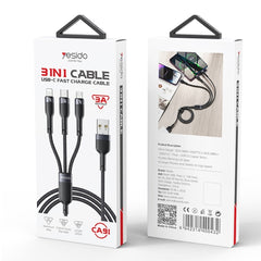 Yesido CA91 3A 3 in 1 USB to 8 Pin+USB-C/Type-C+Micro USB Aluminum Alloy Data Cable, Length: 1m(Black) - HoMEdemic™ 