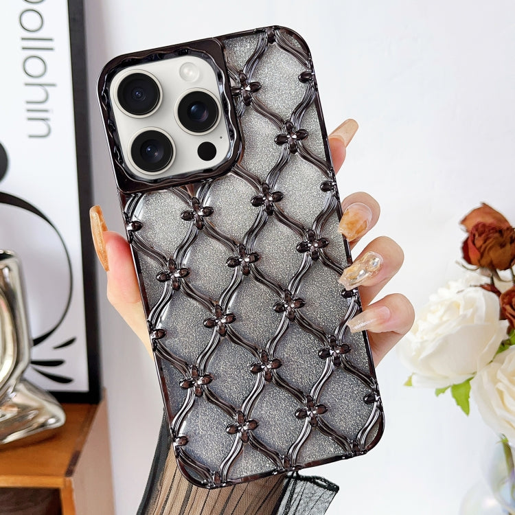 For iPhone 15 Pro Star Flower Electroplated TPU Phone Case with Gradient Glitter Paper(Black) - HoMEdemic™ 