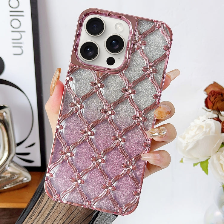 For iPhone 15 Pro Star Flower Electroplated TPU Phone Case with Gradient Glitter Paper(Pink) - HoMEdemic™ 