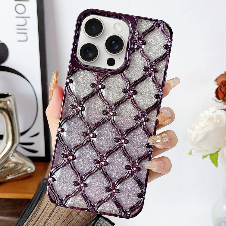 For iPhone 15 Pro Star Flower Electroplated TPU Phone Case with Gradient Glitter Paper(Purple) - HoMEdemic™ 