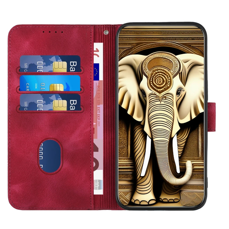For iPhone 15 Pro YX0060 Elephant Head Embossed Phone Leather Case with Lanyard(Rose Red) - HoMEdemic™ 
