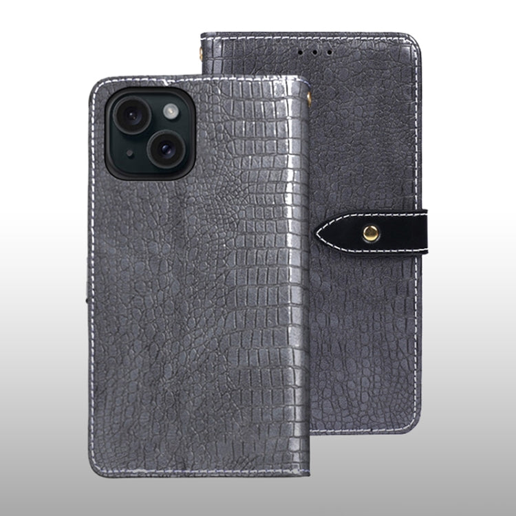 For iPhone 15 Plus idewei Crocodile Texture Leather Phone Case(Grey) - HoMEdemic™ 