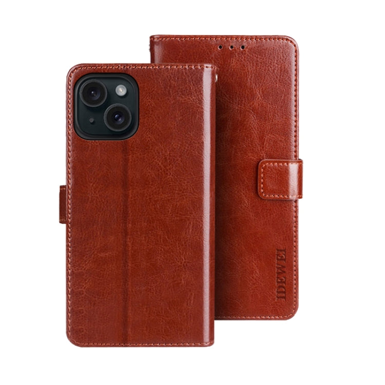 For iPhone 15 Plus idewei Crazy Horse Texture Leather Phone Case with Holder(Brown) - HoMEdemic™ 