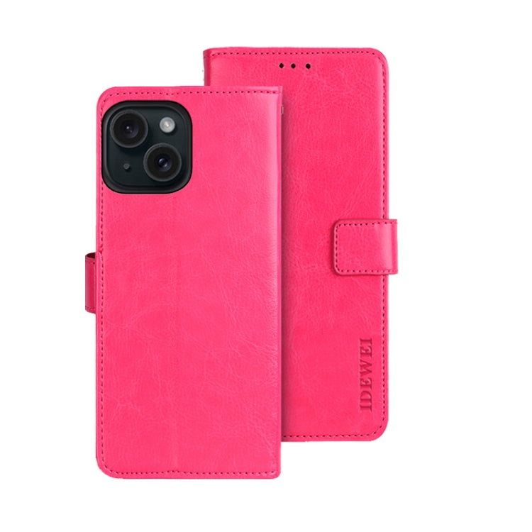 For iPhone 15 idewei Crazy Horse Texture Leather Phone Case with Holder(Rose Red) - HoMEdemic™ 