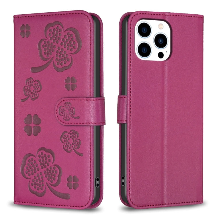 For iPhone 15 Pro Max Four-leaf Embossed Leather Phone Case(Rose Red) - HoMEdemic™ 
