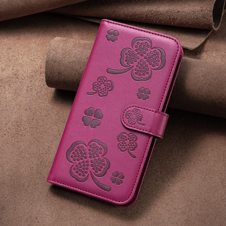 For iPhone 15 Pro Max Four-leaf Embossed Leather Phone Case(Rose Red) - HoMEdemic™ 