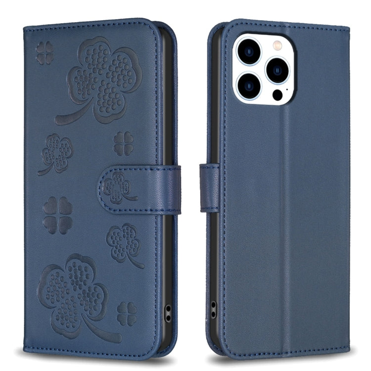 For iPhone 15 Pro Max Four-leaf Embossed Leather Phone Case(Blue) - HoMEdemic™ 