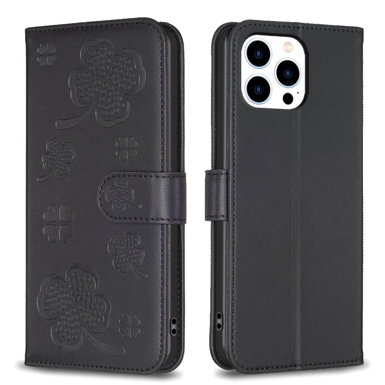 For iPhone 15 Pro Max Four-leaf Embossed Leather Phone Case(Black) - HoMEdemic™ 