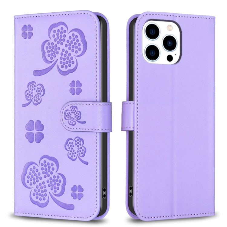 For iPhone 15 Pro Max Four-leaf Embossed Leather Phone Case(Purple) - HoMEdemic™ 