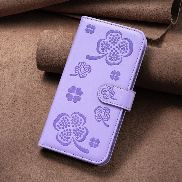 For iPhone 15 Pro Max Four-leaf Embossed Leather Phone Case(Purple) - HoMEdemic™ 