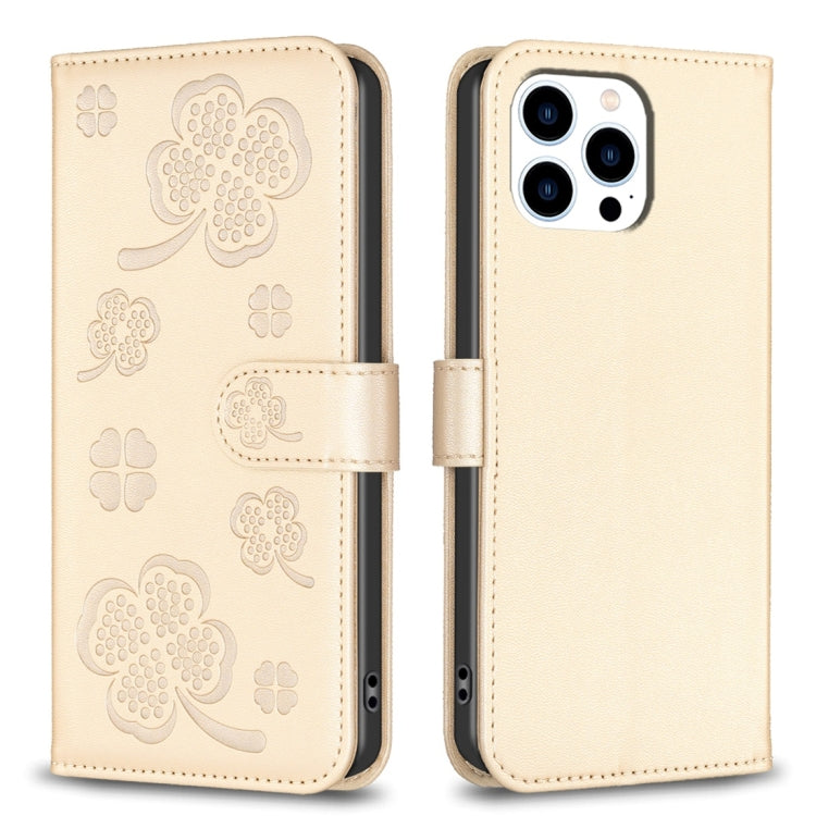 For iPhone 15 Pro Max Four-leaf Embossed Leather Phone Case(Gold) - HoMEdemic™ 