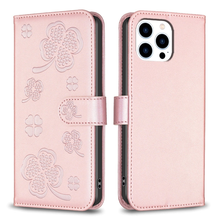 For iPhone 15 Pro Max Four-leaf Embossed Leather Phone Case(Pink) - HoMEdemic™ 